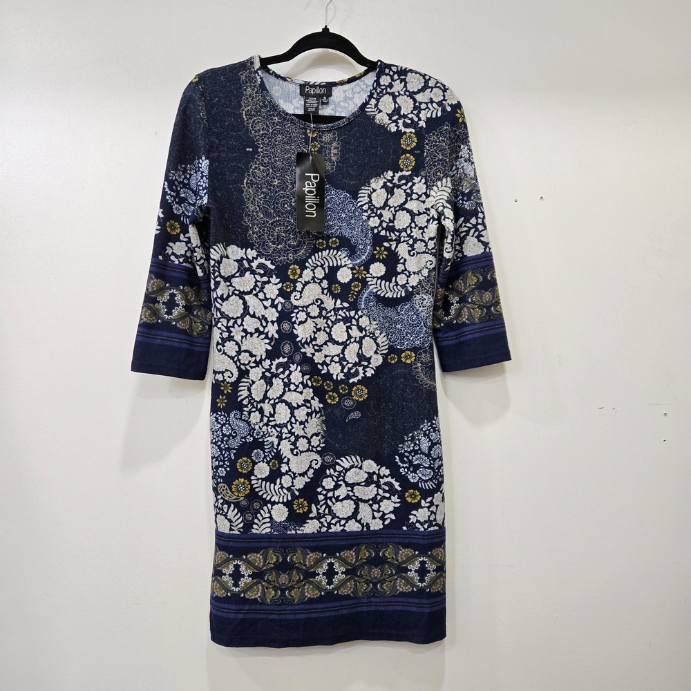 Papillon Navy Blue Floral Knit Dress Size S